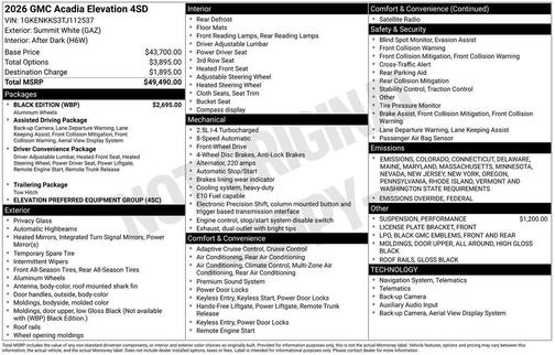 2026 GMC Acadia Elevation