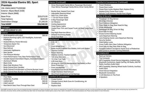 Black 2026 Hyundai ELANTRA SEL SPORT PREMIUM