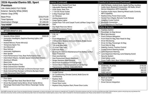White 2026 Hyundai ELANTRA SEL SPORT PREMIUM