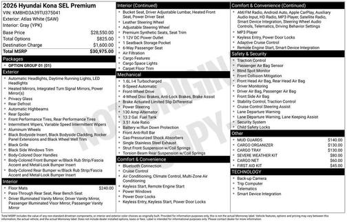 Atlas White 2026 Hyundai KONA SEL Premium