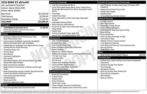Alpine White 2026 BMW X3 30 xDrive