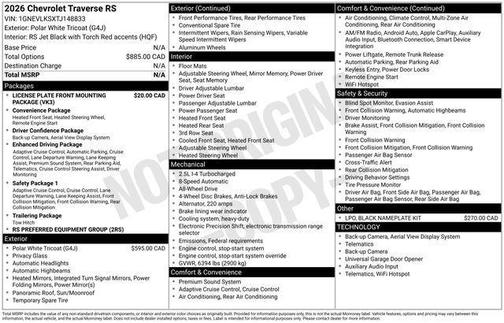 Polar White Tricoat 2026 Chevrolet Traverse RS