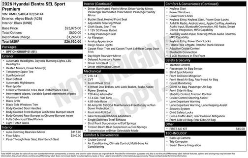 Black 2026 Hyundai ELANTRA SEL SPORT PREMIUM