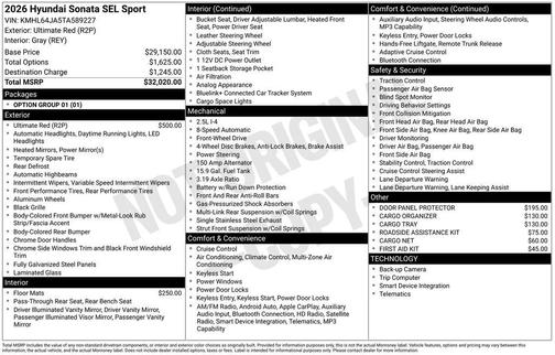 Red 2026 Hyundai SONATA SEL Sport