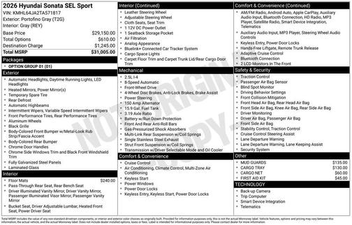 Portofino Gray 2026 Hyundai SONATA SEL Sport