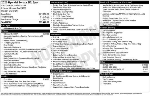 Red 2026 Hyundai SONATA SEL Sport