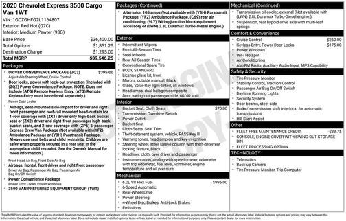 2020 Chevrolet Express 3500 RWD 3500 Extended Wheelbase WT