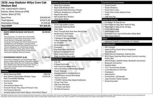 Black Clearcoat 2026 Jeep Gladiator Willys 4x4