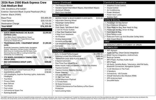 Diamond Black Crystal Pearlcoat 2026 RAM 2500 Black Express Crew Cab 4x4 6'4' Box