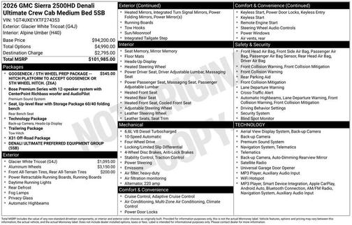 Glacier White Tricoat 2026 GMC Sierra 2500 Denali Ultimate