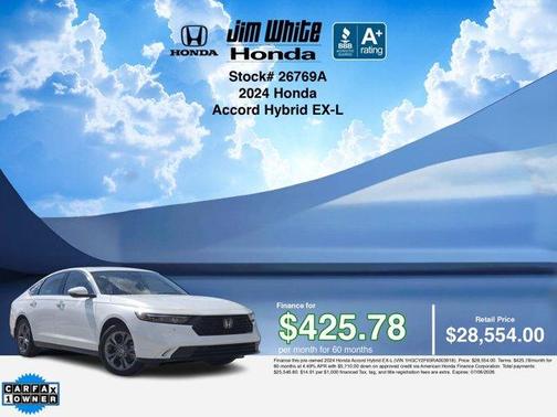 Platinum White Pearl 2024 Honda Accord Hybrid EX-L