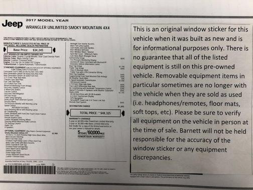 2017 Jeep Wrangler Unlimited Smoky Mountain 4x4