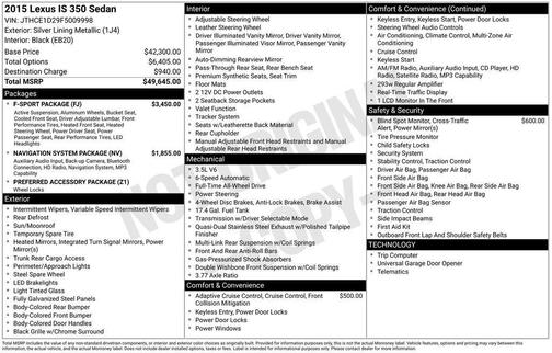 Silver Lining Metallic 2015 Lexus IS 350 Base