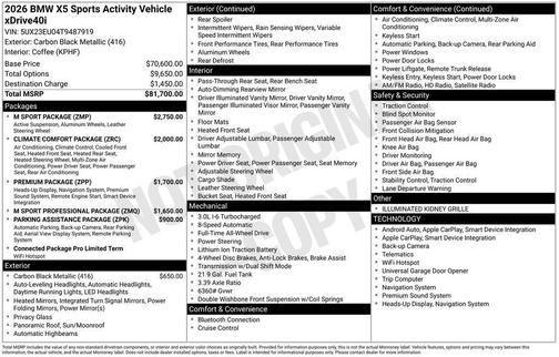 Carbon Black Metallic 2026 BMW X5 xDrive40i
