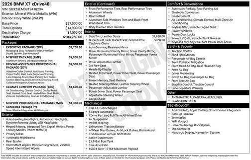 Mineral White Metallic 2026 BMW X7 xDrive40i