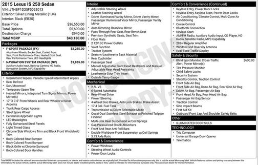 Silver Lining Metallic 2015 Lexus IS 250 Base