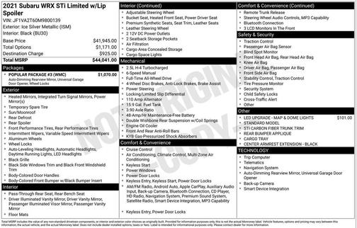 2021 Subaru WRX STI Limited w/Lip