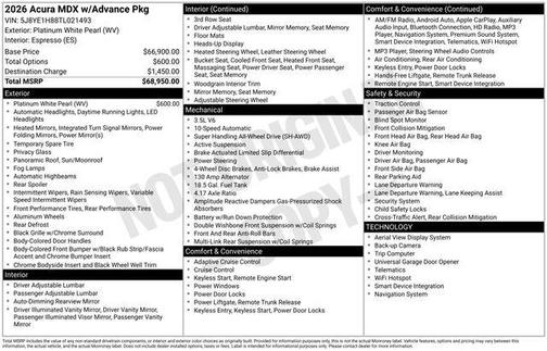 Platinum White Pearl 2026 Acura MDX Advance Package