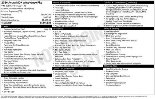 Platinum White Pearl 2026 Acura MDX Advance Package