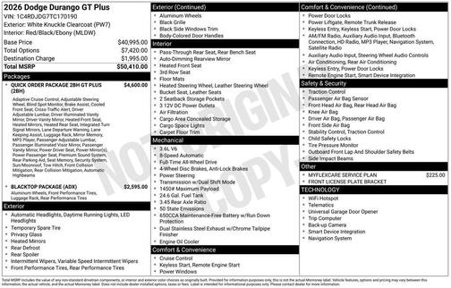 White Knuckle Clearcoat 2026 Dodge Durango GT Plus
