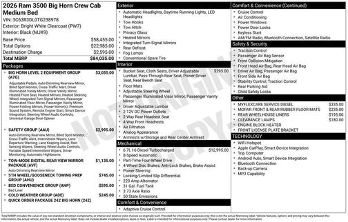 Bright White Clearcoat 2026 RAM 3500 Big Horn Crew Cab 4x4 6'4' Box