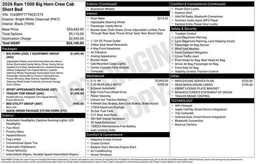 Bright White Clearcoat 2026 RAM 1500 Big Horn/Lone Star