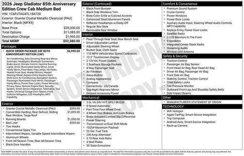 Granite Crystal Clearcoat Metallic 2026 Jeep Gladiator 85th Anniversary Edition