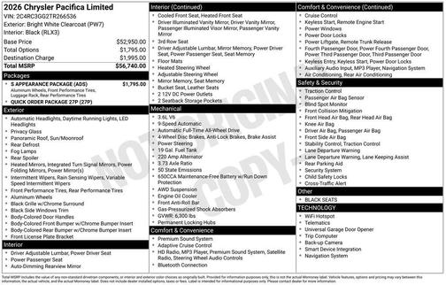 Bright White Clearcoat 2026 Chrysler Pacifica Limited