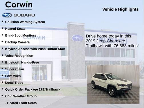 Pearl White Pearlcoat 2019 Jeep Cherokee Trailhawk