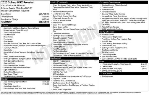 Crystal White Pearl 2020 Subaru WRX Premium