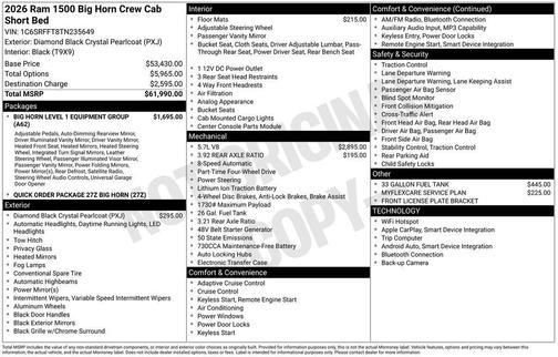 Diamond Black Crystal Pearlcoat 2026 RAM 1500 Big Horn/Lone Star