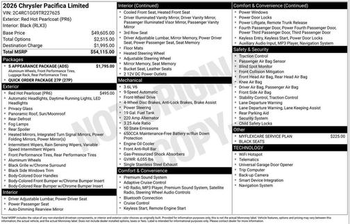 Red Hot Pearlcoat 2026 Chrysler Pacifica Limited