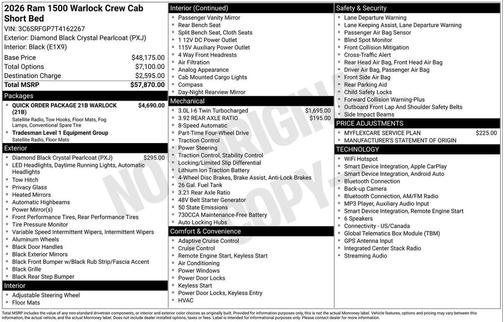 Diamond Black Crystal Pearlcoat 2026 RAM 1500 Warlock Crew Cab 4x4 5'7' Box