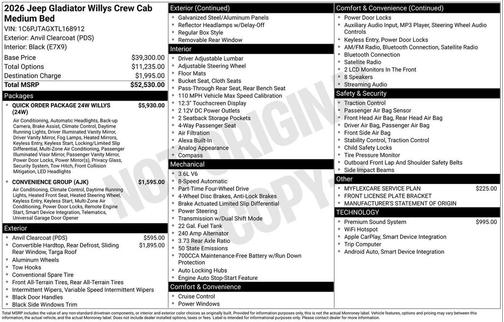 Anvil Clearcoat 2026 Jeep Gladiator Willys 4x4