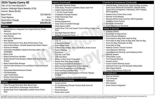 Midnight Black Metallic 2024 Toyota Camry SE