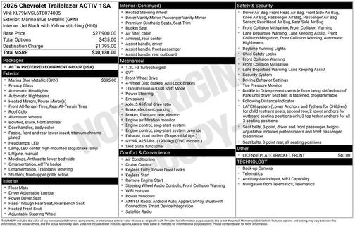 Marina Blue Metallic 2026 Chevrolet Trailblazer ACTIV
