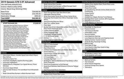 2019 Genesis G70 2.0T Advanced