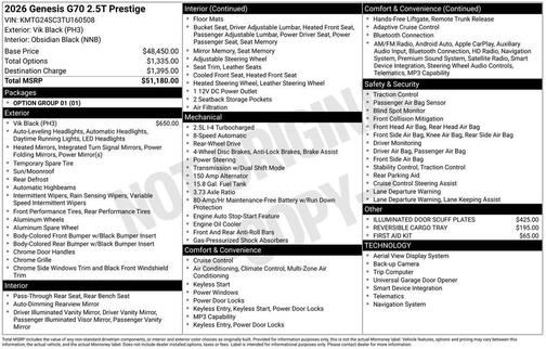 2026 Genesis G70 2.5T RWD Prestige
