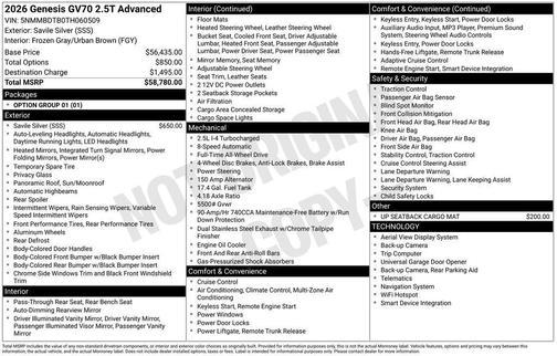 Savile Silver 2026 Genesis GV70 2.5T Advanced