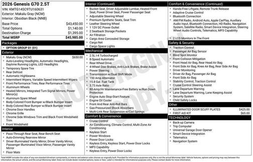 2026 Genesis G70 2.5T RWD