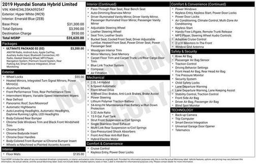 Hyper White 2019 Hyundai SONATA Hybrid Limited