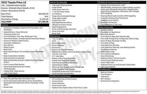 Midnight Black Metallic 2022 Toyota Prius LE
