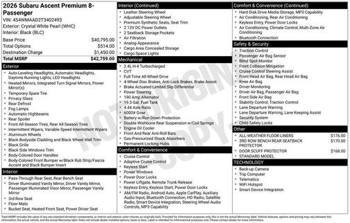 White 2026 Subaru Ascent Premium