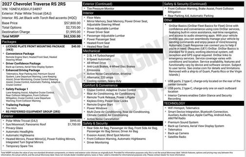 Polar White Tricoat 2027 Chevrolet Traverse RS
