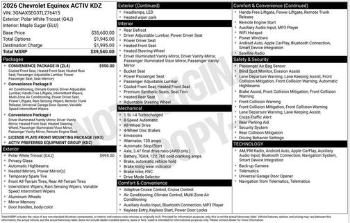 Polar White Tricoat 2026 Chevrolet Equinox AWD ACTIV
