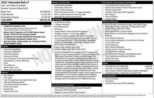 Summit White 2027 Chevrolet Bolt LT