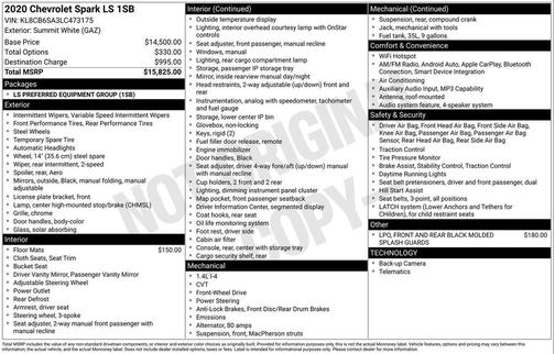 Summit White 2020 Chevrolet Spark LS