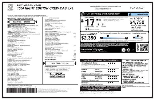 Brilliant Black Crystal Pearlcoat 2017 RAM 1500 Night Crew Cab 4x4 5'7' Box