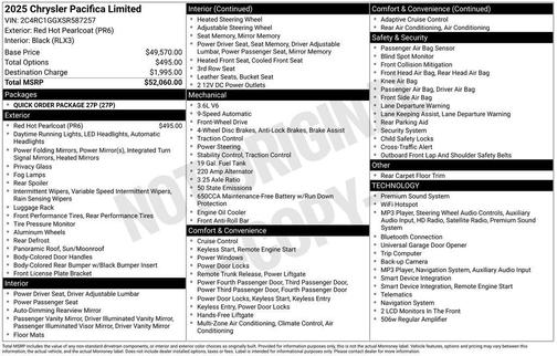 Red 2025 Chrysler Pacifica Limited