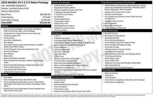 Jet Black Mica 2025 Mazda CX-5 2.5 S Select Package